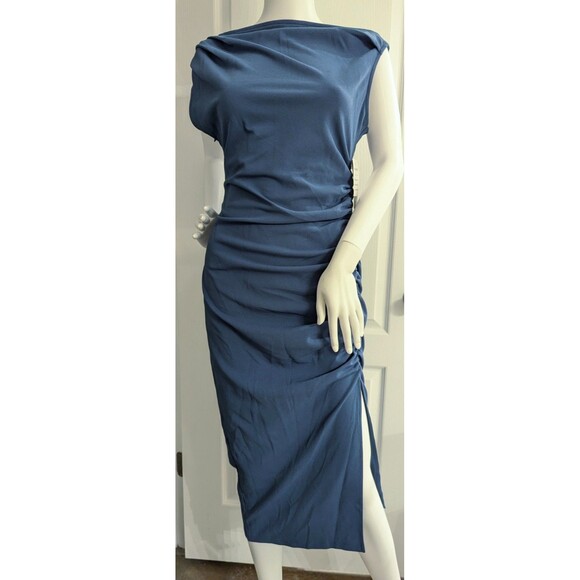 OWIN Blue Off Shoulder Ruched Bodycon Midi Dress Size M NWT - Picture 2 of 7